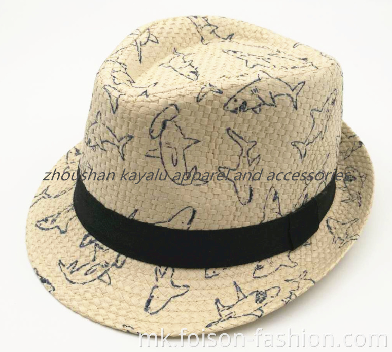 Жешка продажба за деца за печатење Шапка на плажа од сламена шапка од ајкула1 Hot Sale Kids Print Shark Straw Hat Beach Hat1